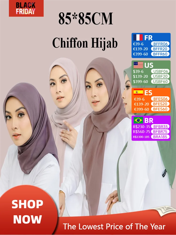 85*85CM Headwrap Heavy Chiffon Square Scarf Muslim Hijabs Women Underscarf Fashion Casual Plain Color Hijab