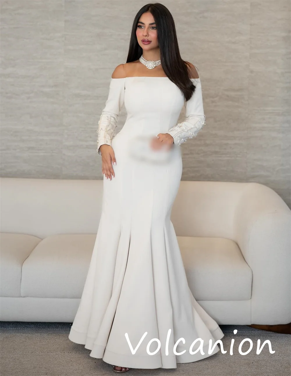 Customized Chinese Style Jersey Sequined Pleat Trumpet Off-the-shoulder Long Dresses Bespoke Occasion Simple