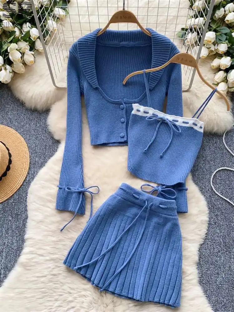 BabYoung Solid Knitting 3Pcs Suits Women Strappy Slim Camis+Button Cardigan+Pleated Drawstring Skirt Fashion Temperament Sets