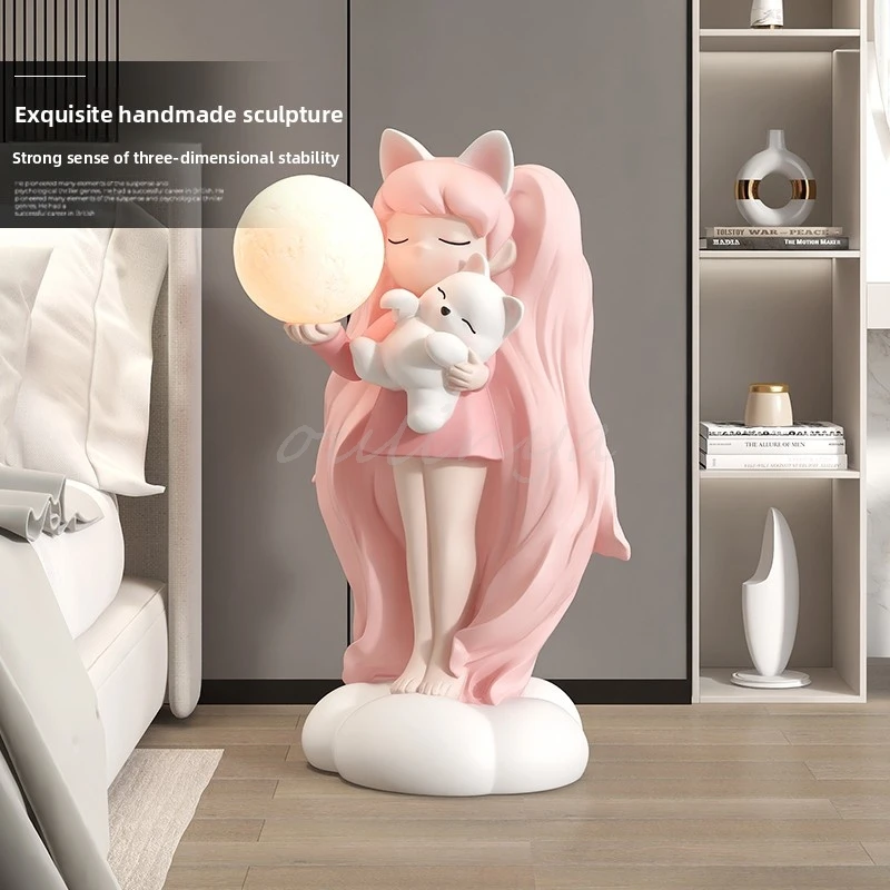 Home Decor Sculptures Figurines Decoration Accessories Long Haired Girl Night Light Ornaments Living Room Resin Animal Statues