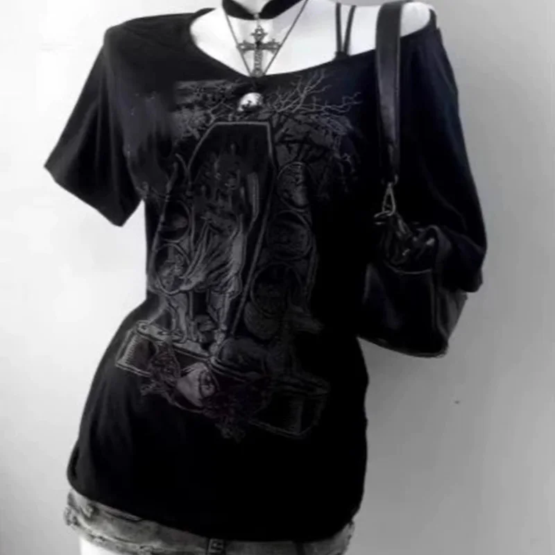 Slimming Effect Y2K Millennium Trendy Girl Abi Retro oulder Splice Loose ort Sve T-irt Women Street
