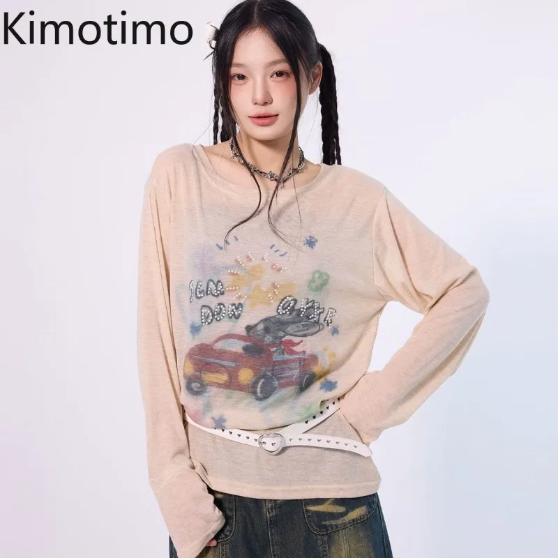 

Kimotimo American Retro Graffiti Print Tshirts Women Autumn Sexy Micro Transparent Loose Long Sleeve Top Harajuku Y2k Streetwear