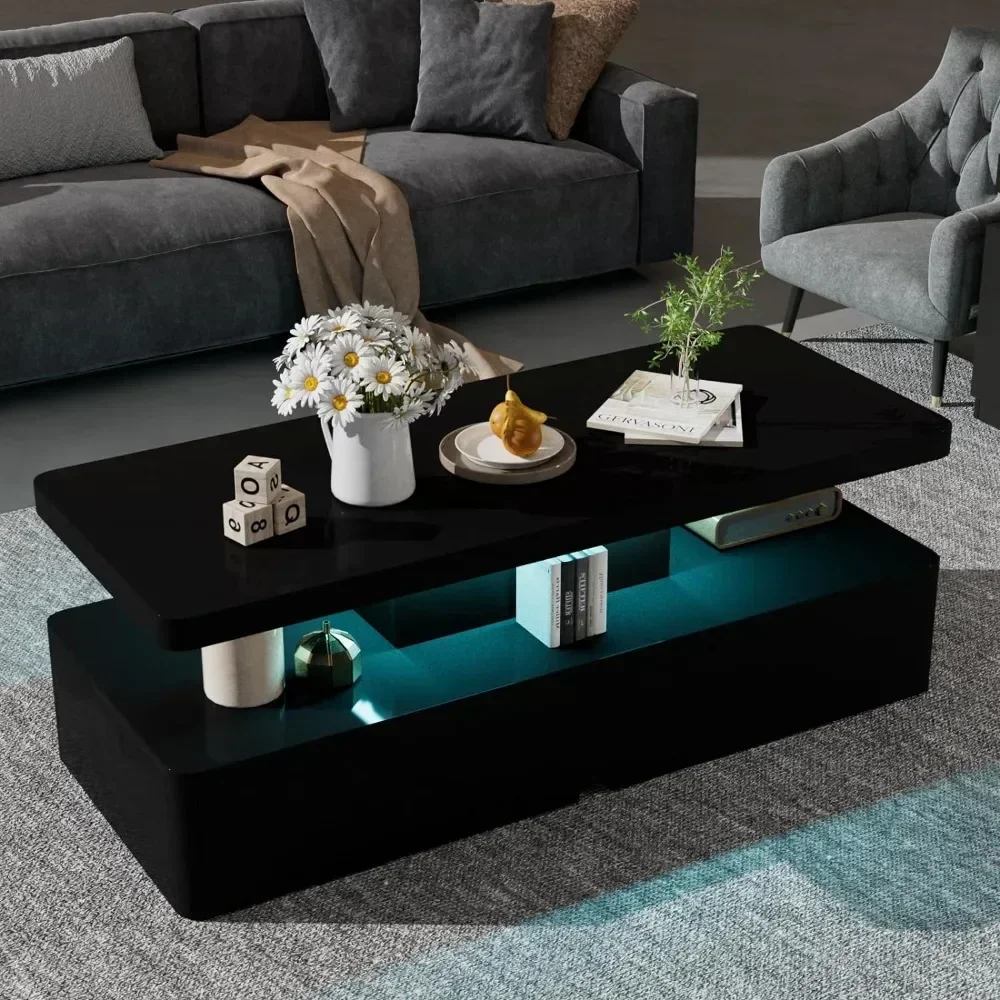 Coffee Table, Modern Stylish Coffees Tables with 16 Colors LED Lights, Double-Layer Design for Living Room, Black