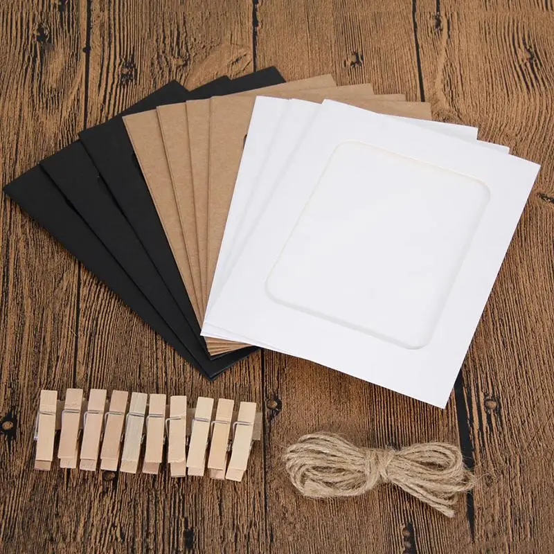 10Pcs 3Inch Paper Frame with Clips Rope Frame Pictures DIY Hanging Picture Album Wall Photo Frame
