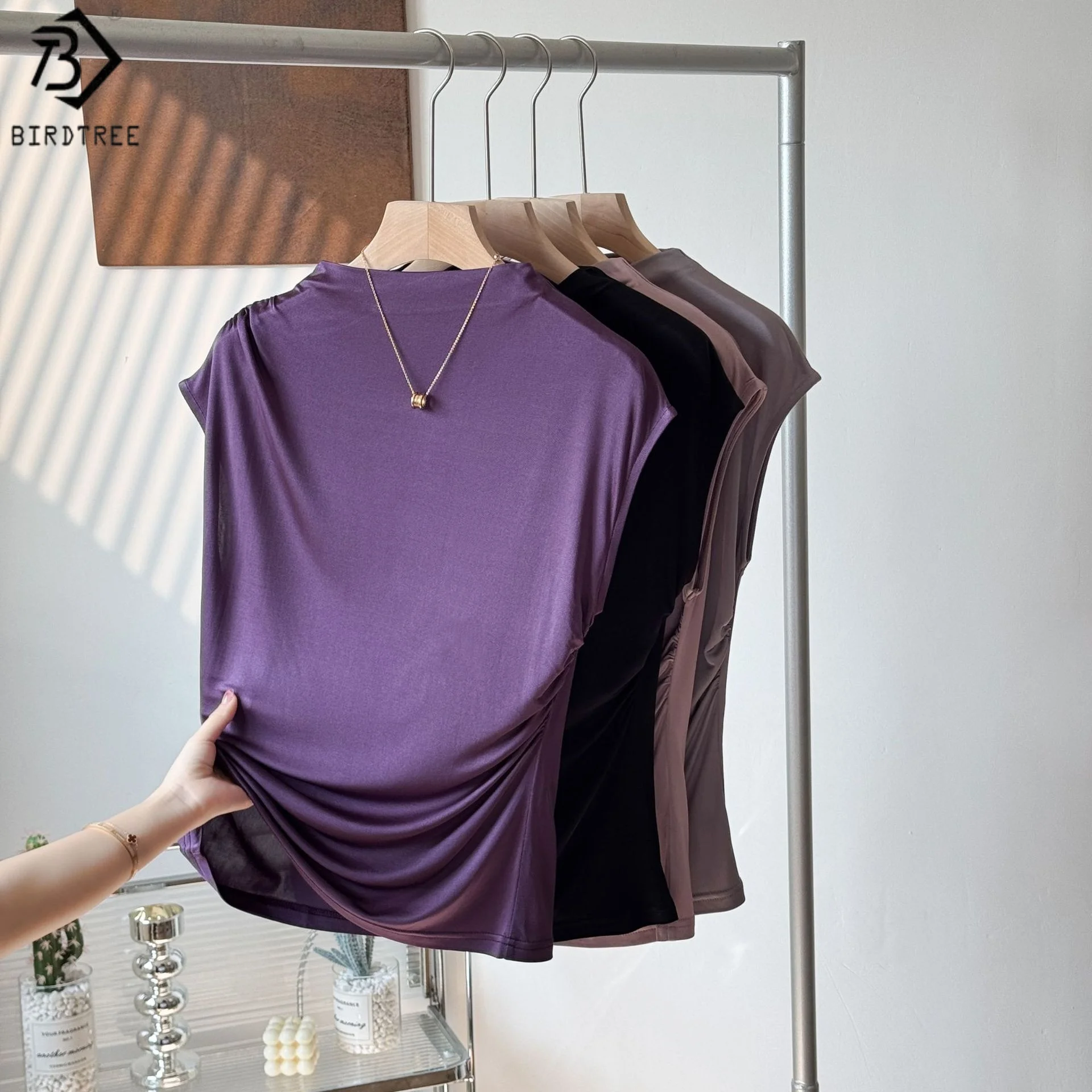 

Birdtree 28% Mulberry Silk 72% Viscose Fiber Tshirt,Woman Wrinkle Design Sleeveless Primer Shirt,2025 Summer New T57641JF