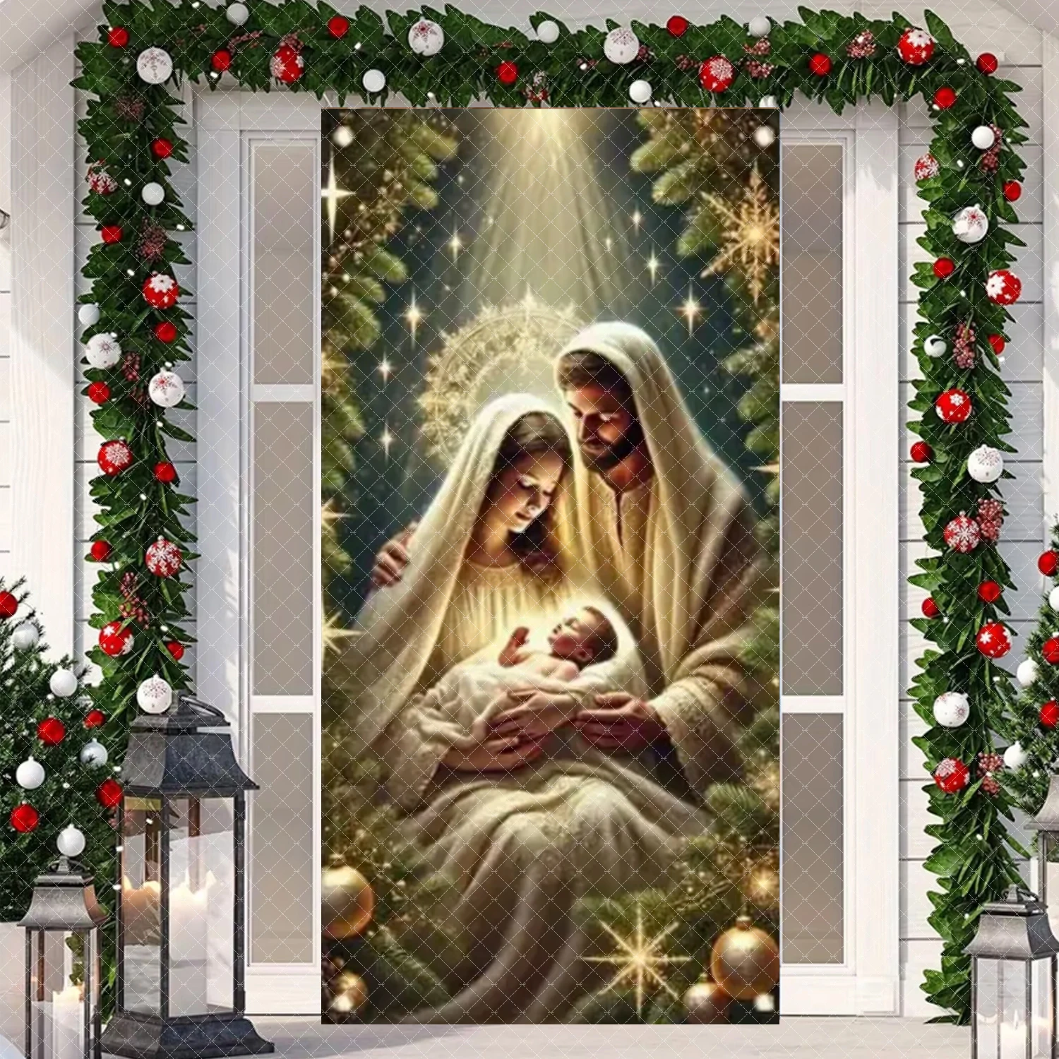 Świąteczny Noworoczny Baner na Drzwi Jasne Gwiazdy Szopka Bożonarodzeniowa Jezus Narodzony Ave Maria i Józef Święte Święto Dekoracje na Imprezę