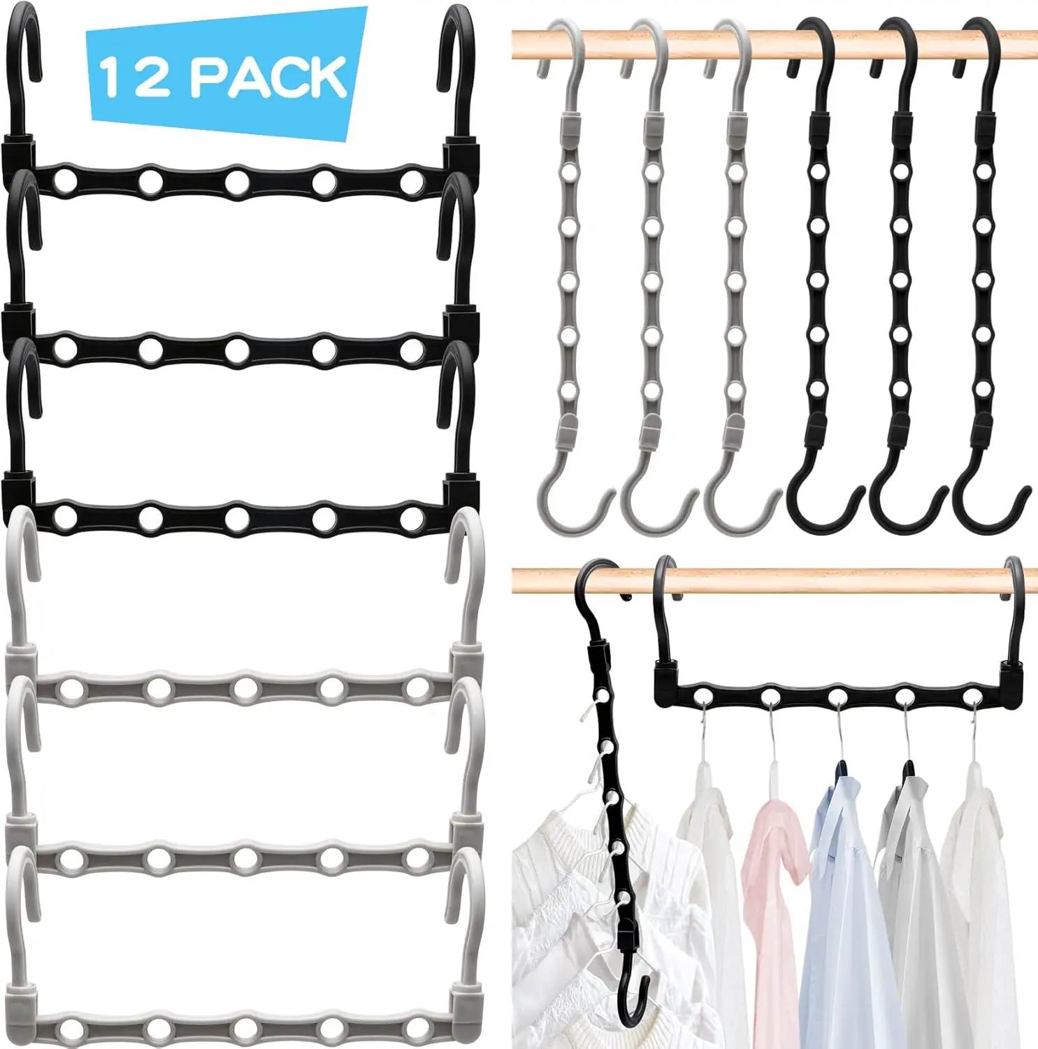 

College Dorm Room Essentials Closet Organizer,12 Pack Stronger Closet Organizers and Storage Clothes Hanger with 5 Holes