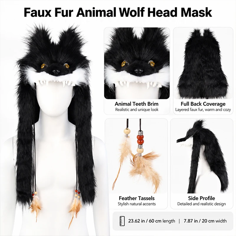 Faux Fur Wolf Head Hat Medieval Viking Headwear Handwork Werewolf Tribe Cosplay Props Headgear for Party Costume