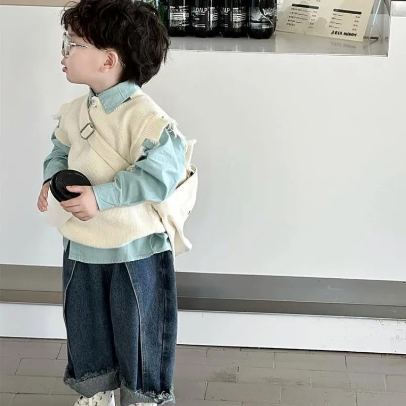 Children's Clothing Set Spring and Autumn New Baby Boys' Knitted Vest Shirt+Jeans 3-Piece Set