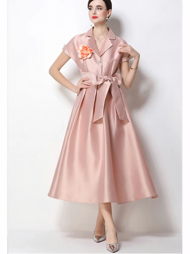 

Элегантное атласное платье А-силуэта с воротником-стойкой, короткими рукавами и приталенной талией, новая модная женская весенняя одежда 2026 года