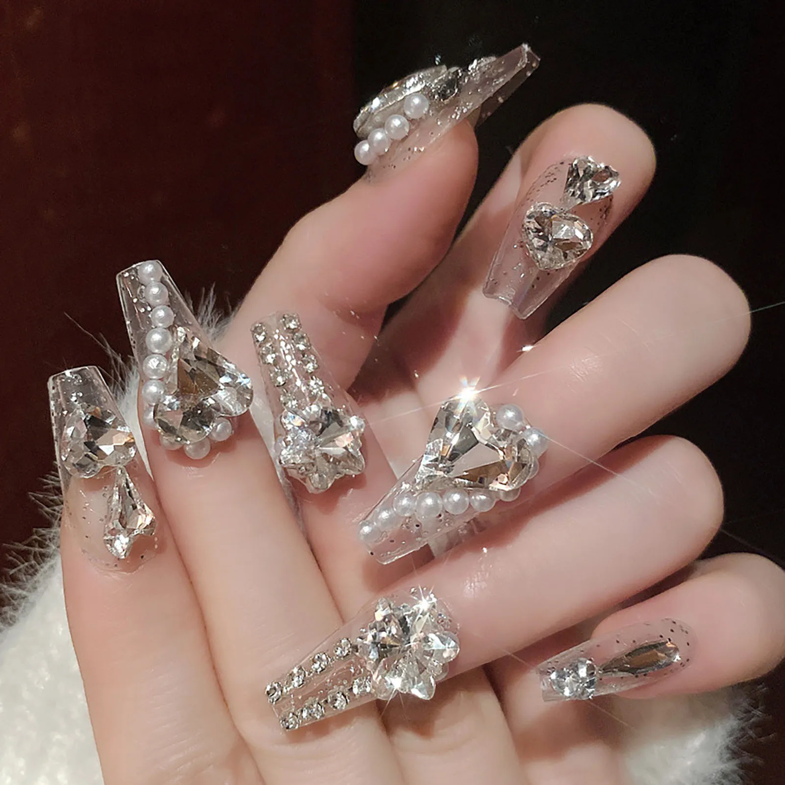 Glitter Crystal Fake Nails Shiny Pearl Rhinestone Design Bride Wearable Press on Nails Korean Heavy Metal Spice Girl False Nails