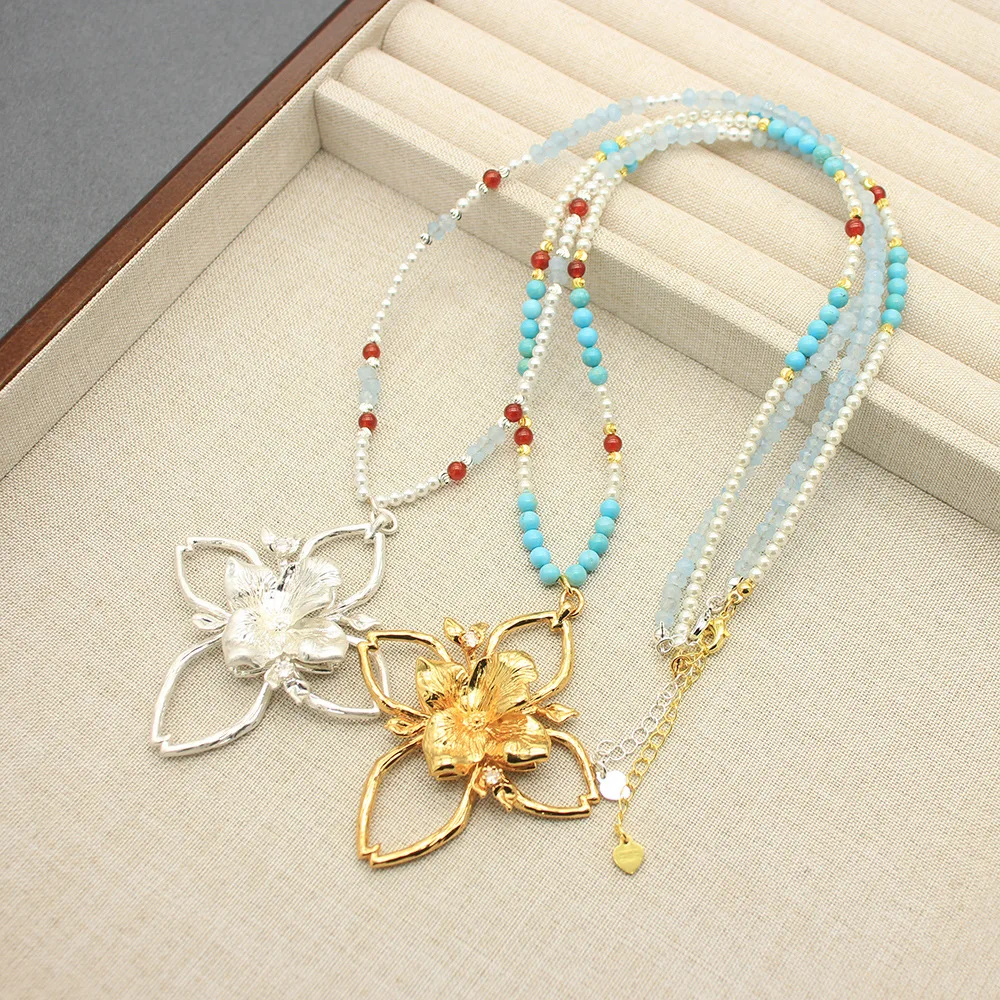New Arrival Branch Shadow Long Sweater Chain Turquoise Pearl Niche Design Early Autumn Chain Four-Leaf Clover Pendant