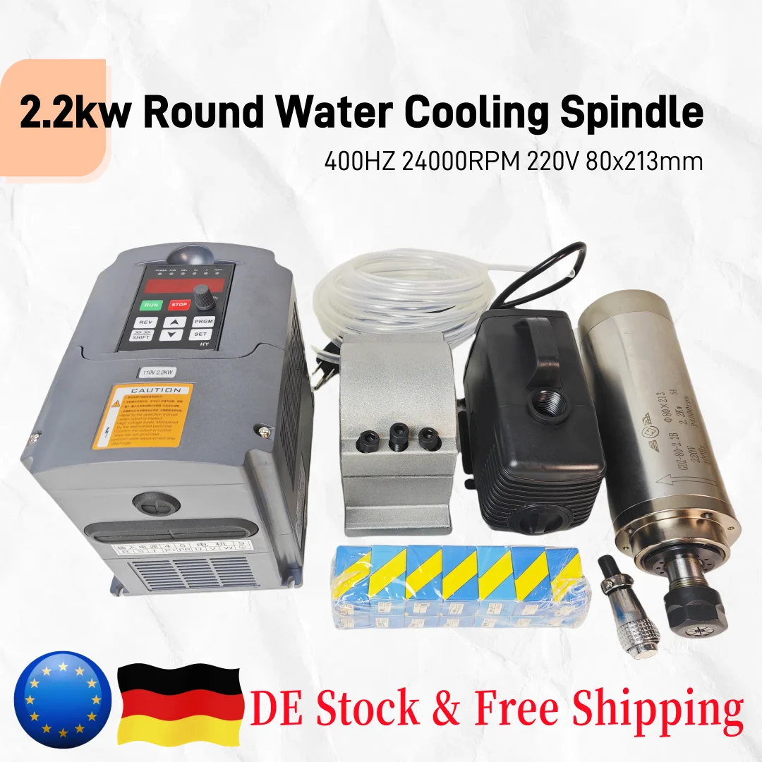 【EU/USA】2.2KW 220V 8A GDZ-80-2.2 400Hz 24000rpm 80mm Water Cooling Spindle Kit With HY Inverter VFD + Water Pump + ER20 Collets