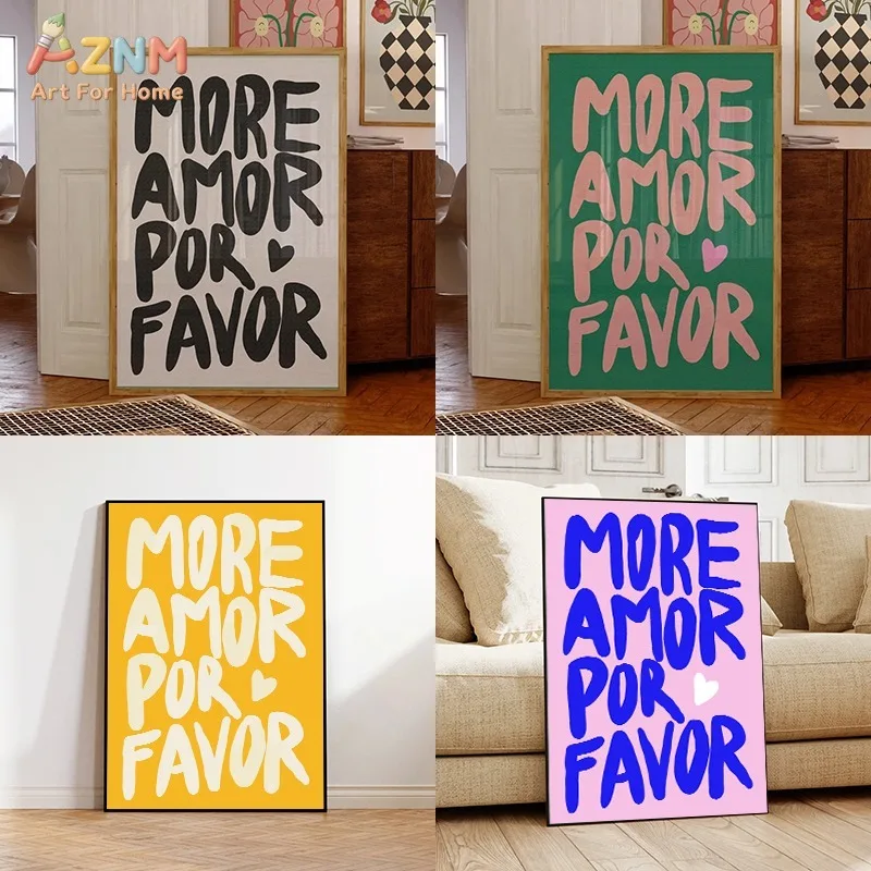 AZNM More Amor Por Favor Spanish Love Quote Typography Heart Aesthetic Colorful Minimalist Canvas Wall Art Unframed Living Room