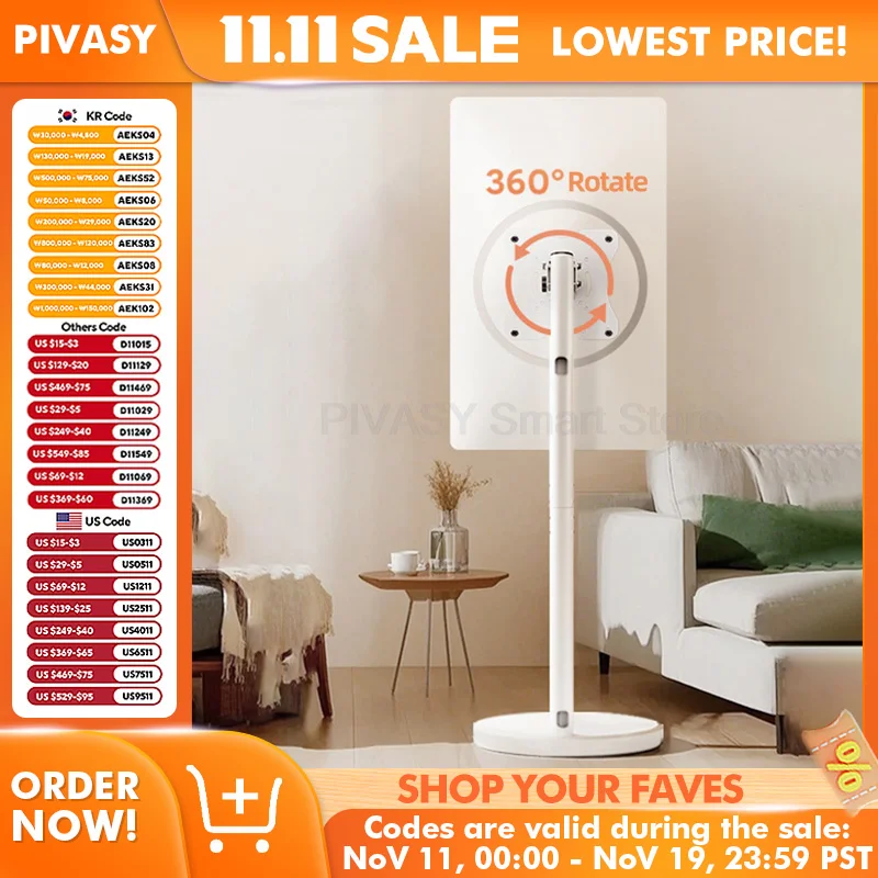 흰색 바닥형 아트 디스플레이 랙 높이 조절 가능 TV 스탠드 이동식 모니터 홀더 360 °   10 - 46인치 화면 회전