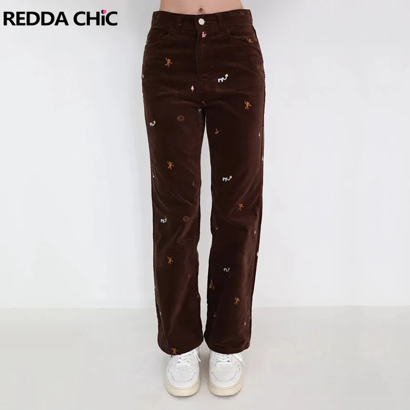 REDDACHiC The Land of Joy Embroidery Animal Brown Pants Women Corduroy Straight High Waist Trousers Fall Winter Vintage Clothes