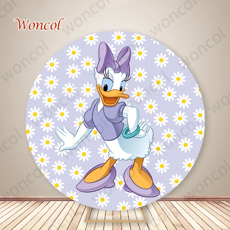 Disney Daisy Duck Round Cover Girls Birthday Baby Shower Backdrop Daisy Flower Daisy Duck Cylinder Cover Decor Photography Prop