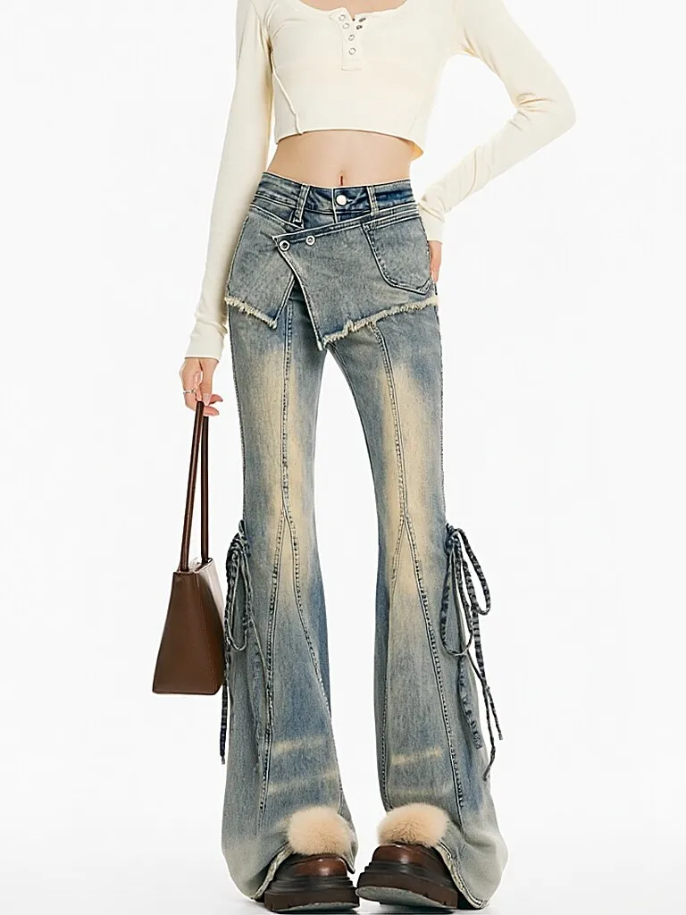 Women's Y2k Baggy Flare Jeans Harajuku Japanese 2000s Style Patchwork Denim Trouser Vintage Oversize Cargo Jeans Pants Clothes