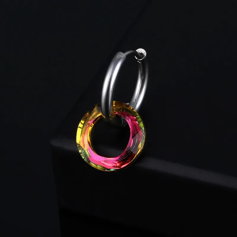 Trendy Retro Colorful Circle Pendant Earrings Stainless Steel Hip Hop Punk Geometric Stud Ear Jewelry Party Gifts For Women Men