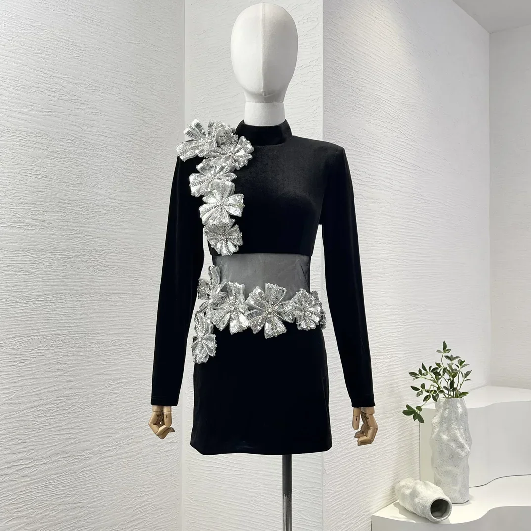 Paillettes fleurs 2024 nouveau Club Sexy noir voir à travers la taille en Tulle haute qualité à manches longues col roulé Mini robes pour dames