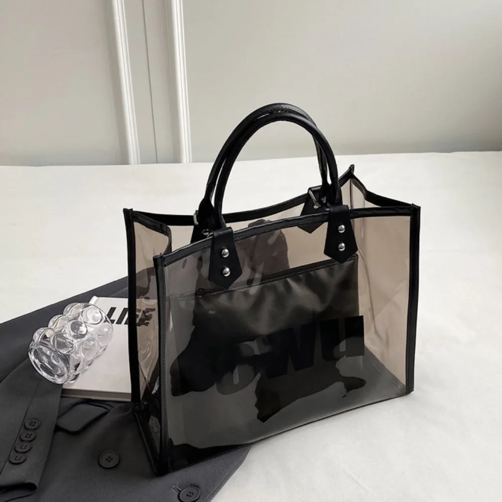 

Large Capacity Transparent Jelly Bag Frosted Tote Bag With Inner Pouch Clear PVC Handbag Black PU Leather