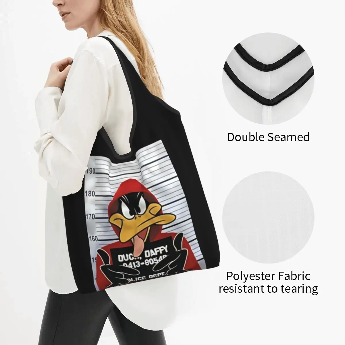 Custom Cute Disney Daffy Duck Shopping Tote Bags Portable Animation Cartoon Grocery Shopper Shoulder Bag