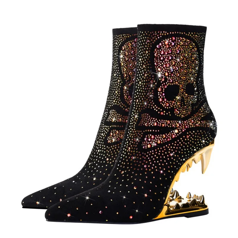 European and American Women's Sexy Metal Tiger Teeth and Rhinestone Short Boots, Fashionable Spicy Mom Nightclub Short Boots