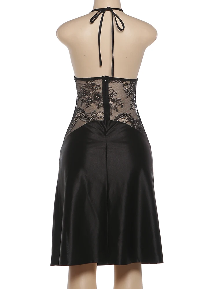 Weird Puss Mesh Patchwork Dress Women Halter Sexy Irregular Split Satin Patchwork Elegant Peach Hip Thin Skinny Clubwear Bodycon