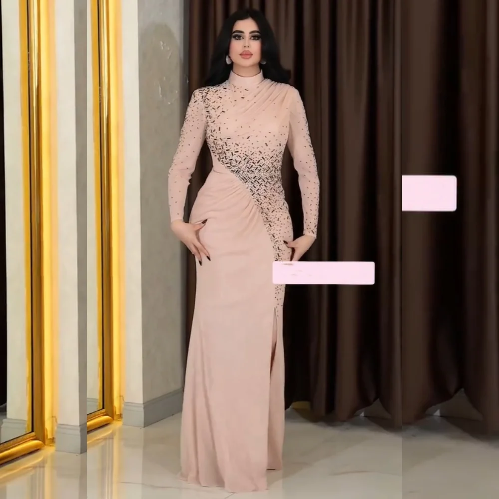 

Одинаковые шифоновые платья с блестками по индивидуальному заказу, длинные платья с высоким воротником, на заказ, высокое качество, простое