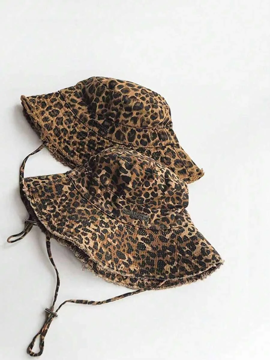 Retro Washed Rough Edge Leopard Damen Bucket Hat mit Kordelzug, Sonnenschutzhut für Reisen, Strand, Urlaub, Musikfest