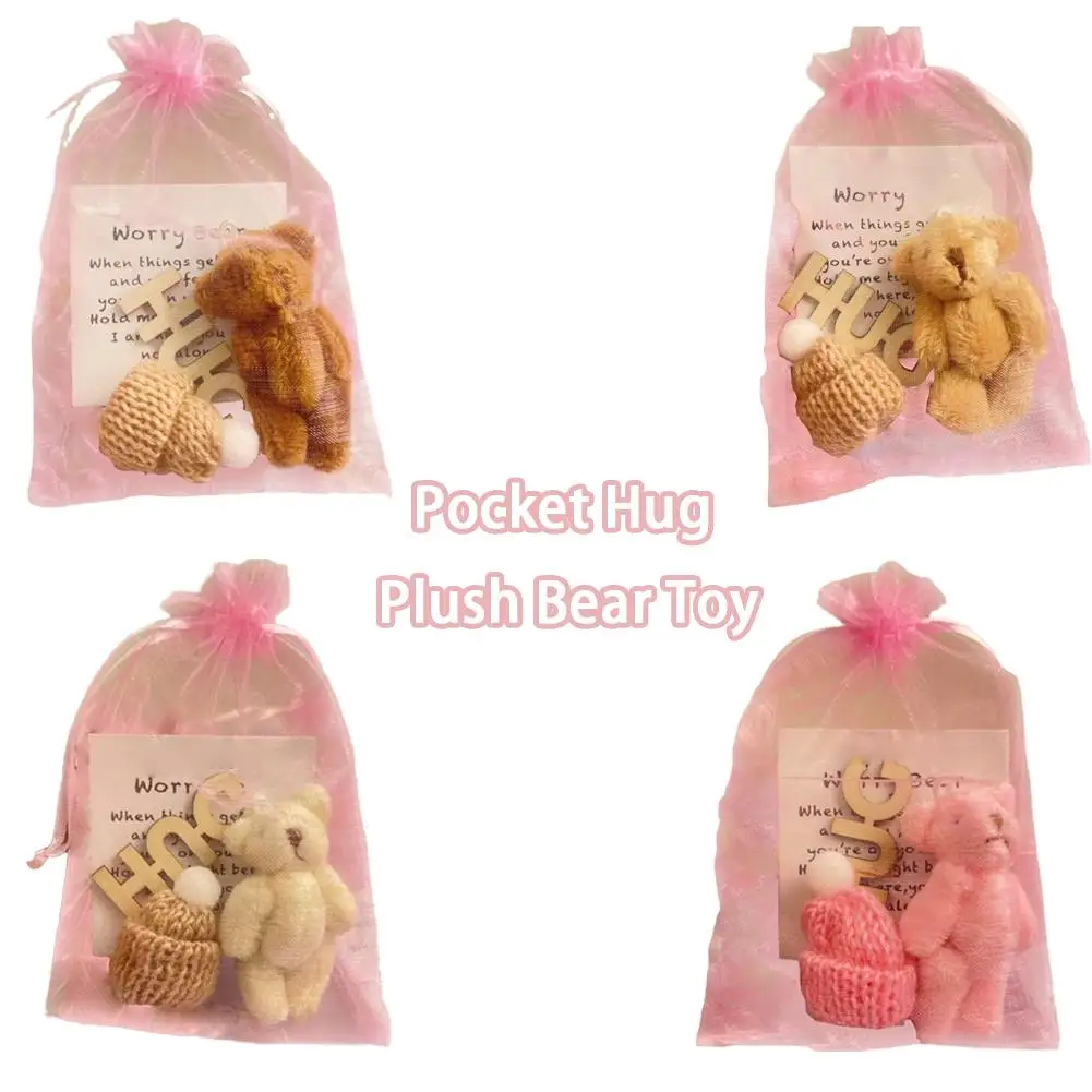 Oso de peluche de abrazo de bolsillo con bolsa de malla, Mini muñeco de oso de peluche positivo con gorro de punto, regalo de cinta rosa de Navidad