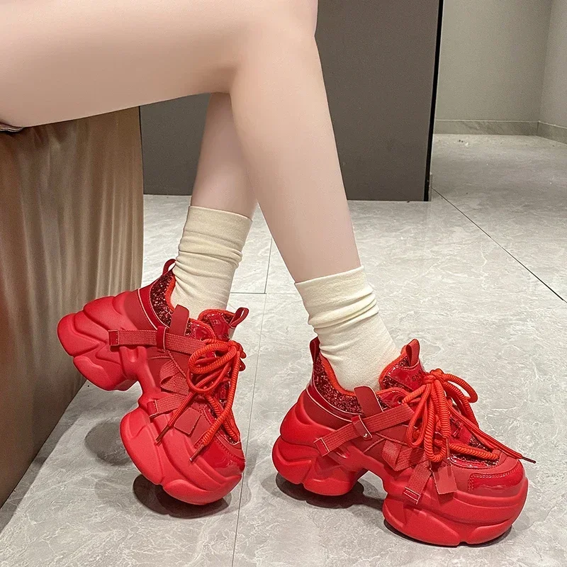 Women Bling Red Chunky Sneakers Winter High Platform Warm Fur Shoes Ladies Wedges Casual Dad Shoes Leather Sports Sneakers 8CM