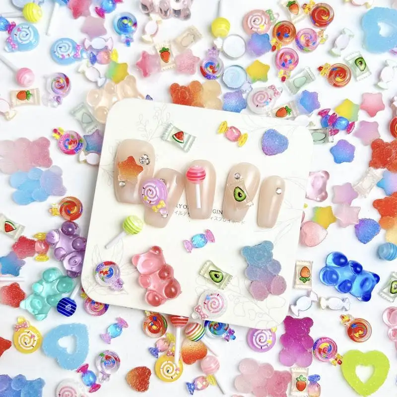 Mixed Colorful Simulation Lollipop Gummy Bear Nail Charms Resin Enticing Candy Series Nail Art Decorations Supplies DIY Crafts