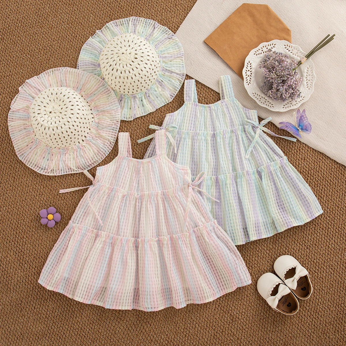 

Baby Girl Clothes Summer Bow And Plaid Pattern Halter Mesh Puffy Baby Dresses Cute Casual Beach Girl Kid's Dress With Hat