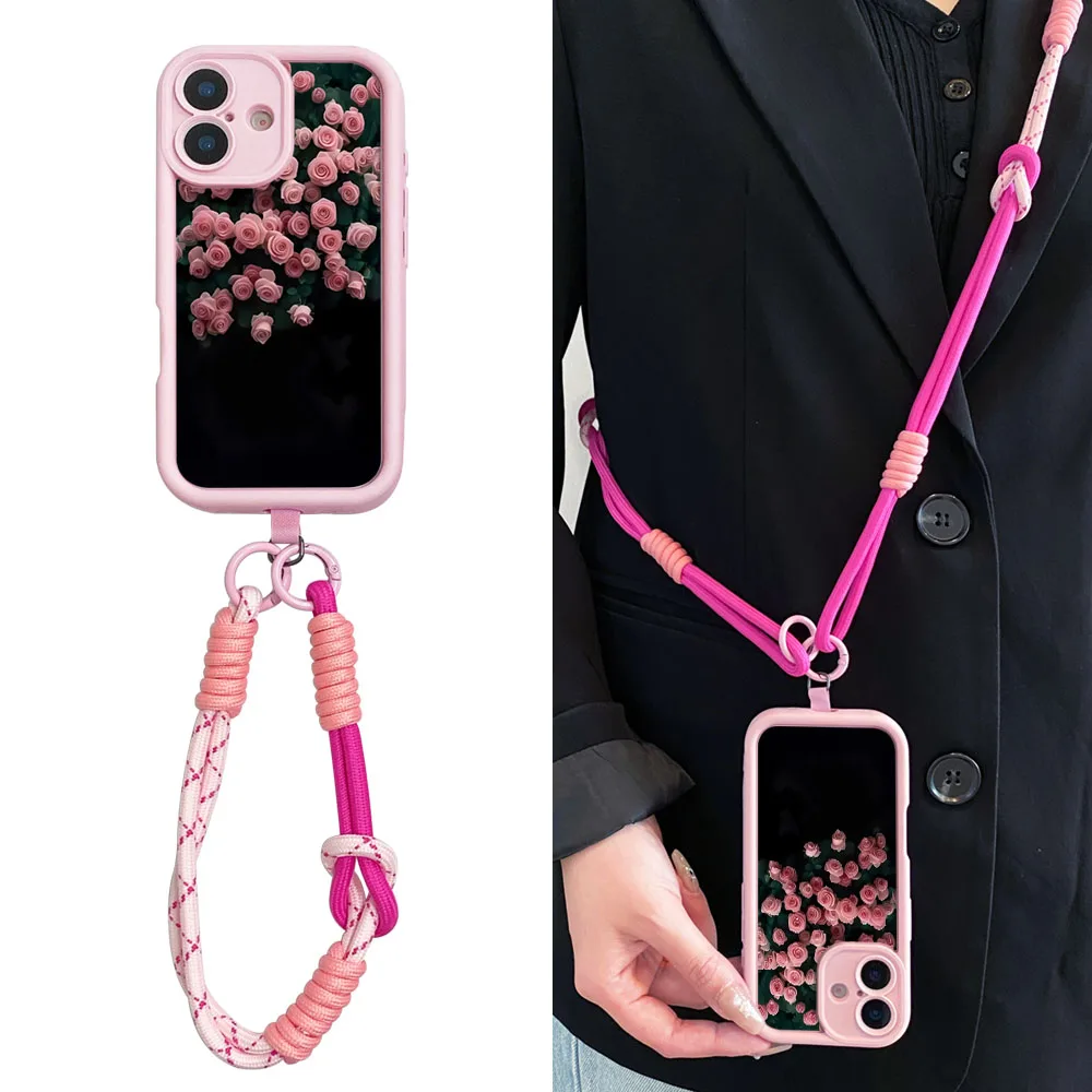 2025 rosa rosecrossbody cordão corda longa caso para iphone 16 15 14 13 12 11 17 pro max xs max xr 7 8 plus corrente de pulso capa do telefone
