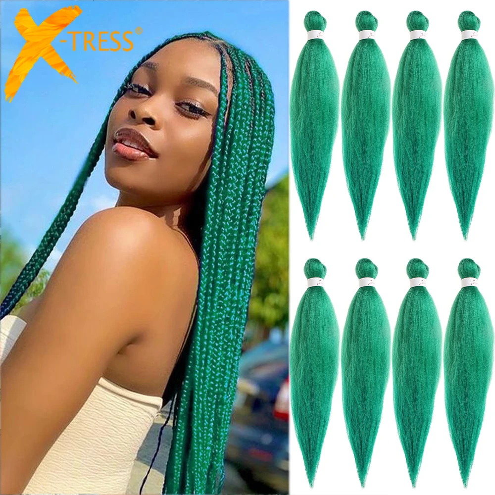 Long Straight Pre Stretched Synthetic Braiding Hair Extensions X-TRESS Green Color Box Braid 24/30inches Rainbow Crochet Hair