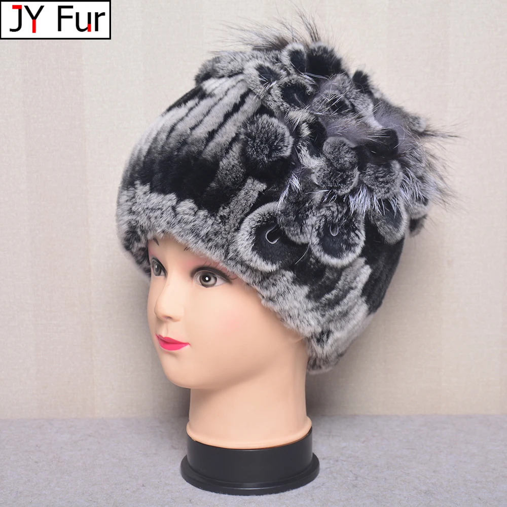 New Luxury Women Fur Hat For Winter Handmade Natural Rex Rabbit Fox Fur Cap Russian Female Fur Headgear Brand Warm Beanies Cap