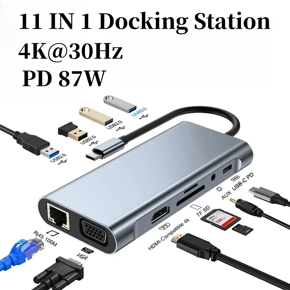 

ZLRLMHY 11-in-1 Type-c USB 3.0 Hub Laptop Docking Station Type C to 4K HDMI-Compatible VGA PD 100M Adapter for MacBook Pro Air