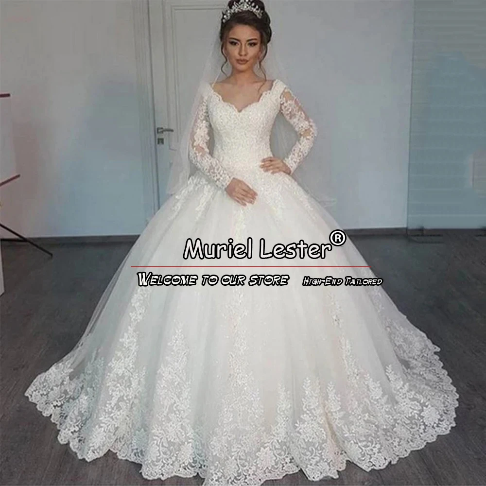 Vestido de baile elegante para mujer, vestidos de novia formales de princesa para fiesta, vestidos de novia a medida, mangas largas, cuello en V, apliques femeninos