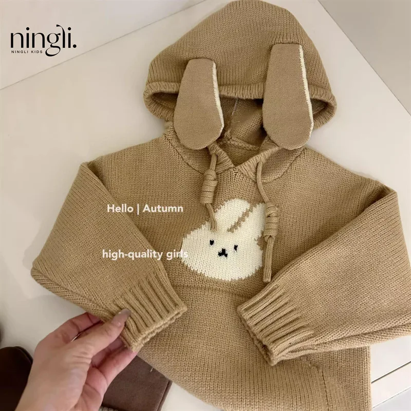 Autumn Children Girls Sweaters Cotton Knitted Hooded Rabbit Jacquard Stretch Cartoon Toddler Girls Hoodies Kids Girls Knitwears