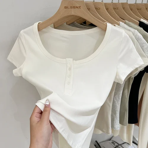 Camiseta con botones para mujer, ropa para mujer, Tops, Camiseta ajustada de algodón, Top de manga corta para mujer, camiseta Sexy Canale Y2k
