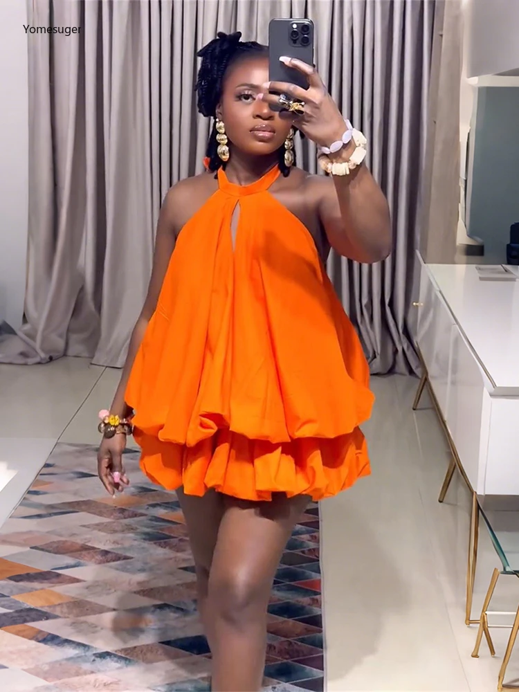 Yomesugar sexy halter sem costas vestido feminino hipster y2k oco bolha sem mangas dupla camada férias de verão meia-noite clubwear