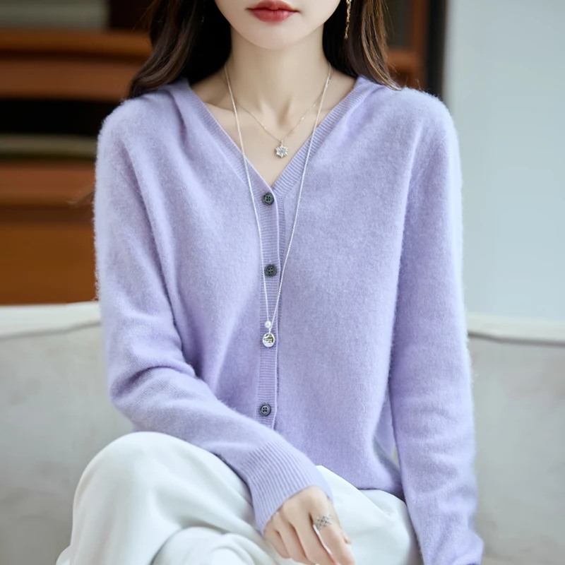 

Spring Autumn Hooded Cardigan Women 100% Merino Wool High Quality Casual Solid Sweater Female Wool Top Knit Hoodie
