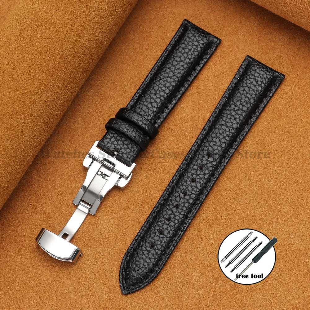 Echtes Kalbsleder-Litschi-Leder-Uhrenarmbänder 16/18/19/20/21/22/24 mm für Seiko für Omega Business Herren Damen Schmetterlingsschnallenarmband