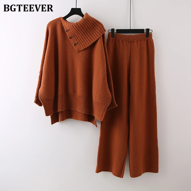 BGTEEVER Autumn Winter Loose Women Sweater Set Long Sleeve Turtleneck Pullovers Female Knitting Trousers Ladies Knitted Outfits