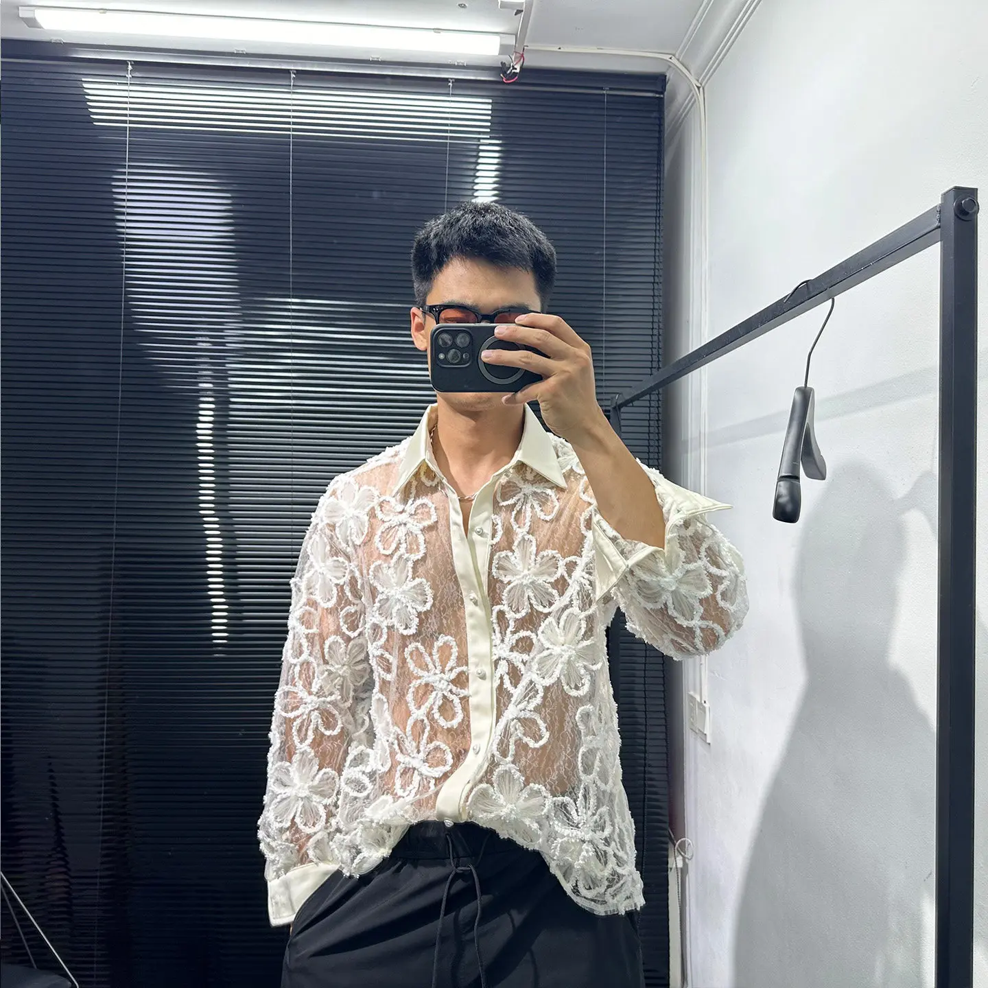 Fashionable High-Grade Design Hollow Printed Long-Sleeved Shirt Men's Autumn Avant-Garde Loose Leisure All-Matching