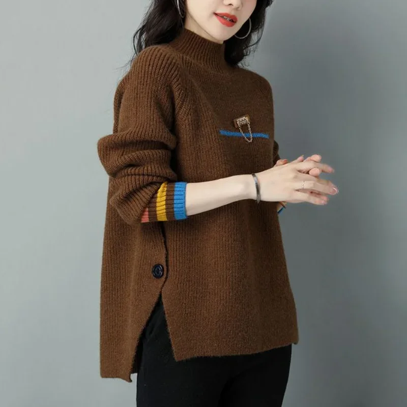 Women\'s Clothing Fashion Versatile 2023 Autumn and Winter New Splice Buttons Half High Collar Long Sleeved Solid Color Pullover