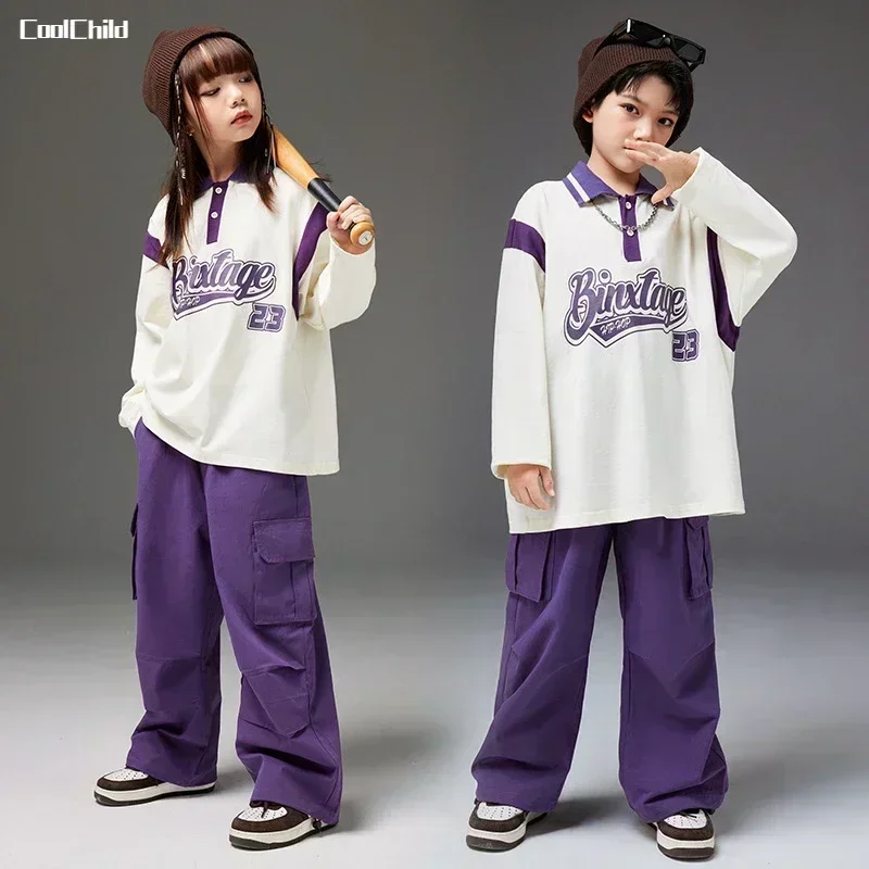 

Boys Hip Hop Sweatshirt Street Dance Cargo Pants Purple Clothes Set Girls K-pop Polo Shirt Children Streetwear Kids Jazz Costume