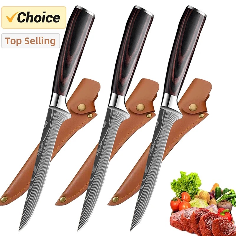 Kitchen Boning Knife Damascus Laser Pattern Butcher Knife Stainless Steel Bone Meat Fish Fruit Vegetables Chef Knife with Cover