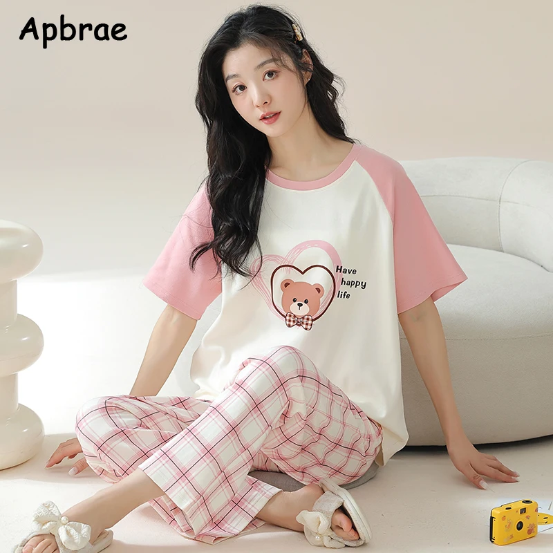 New Summer Pajama Soft Faux Cotton Pajamas for Women Short Sleeved Plaid Pants Pijamas Korean Kawaii Bear Print Sleepwear